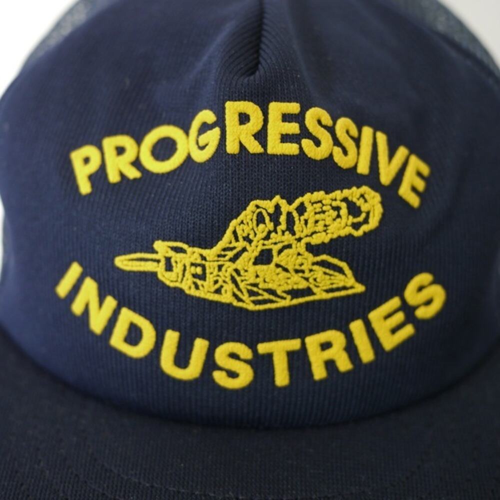 Vintage “Progressive Industries” Yellow Flock Letters Navy Blue Mesh Trucker Hat